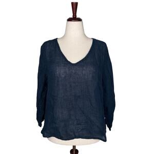 FLAX Blue 100% Linen V-Neck Top     Size: L